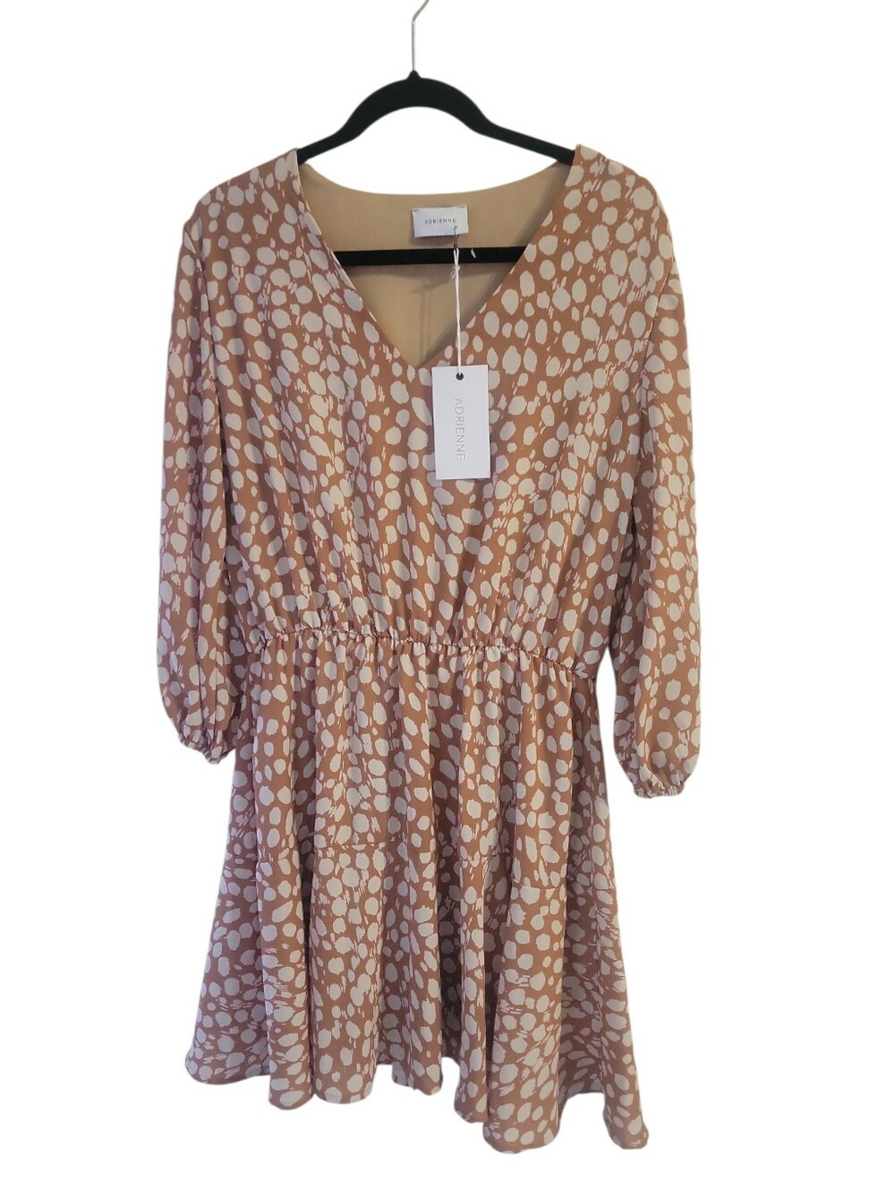 Adrienne Beige & Cream 3/4 Sleeve V-Neck Polka Dot Smock Elastic Waist Dress L - Picture 5 of 6
